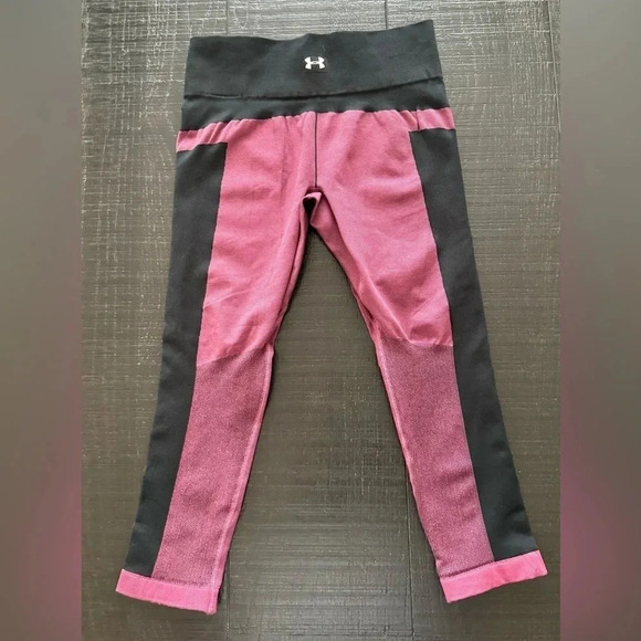 Womens Under Armour HeatGear Small Compression Leggings Burgundy Black - Picture 2 of 7